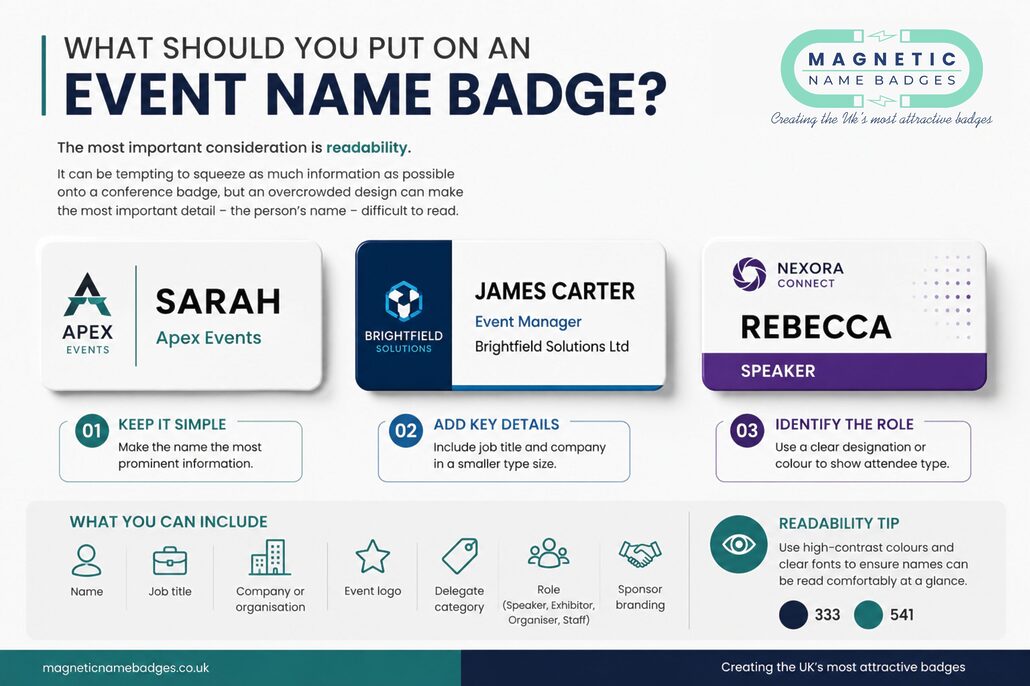 What should you put on event name badges What should you put on event name badges